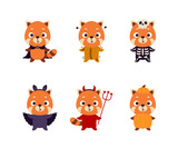 Fototapeta Pokój dzieciecy - Cute Halloween red panda set. Cartoon animal character collection for kids t-shirts, nursery decoration, baby shower, greeting card, invitation. Vector stock illustration