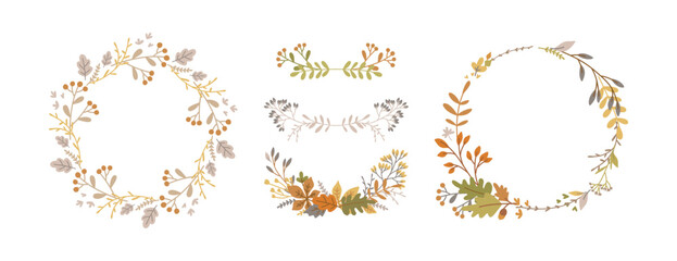 Autumn wreaths and design elements. Fall. Hand drawn leaves, plants, branches. Good for Thanksgiving greeting cards, invitations, flyers and other graphic design. Vector illustration