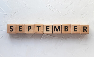 text september on wooden cubes. autumn season. wood blocks. copy space. flat lay, top view.