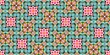 Kitsch pattern geometric retro design in seamless border background. Trendy modern boho geo in vibrant colorful graphic ribbon trim edge. Repeat tile for patchwork effect endless band.