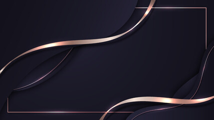 Wall Mural - Abstract 3D luxury purple color wave lines with shiny pink gold curved line decoration and frame glitter lighting on gradient dark background