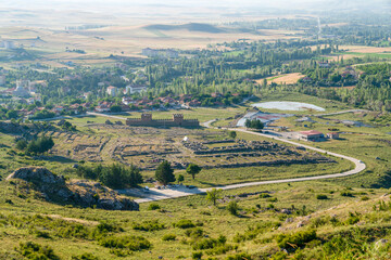 Panoramic view of Hattusa was the capital of the Hittite Empire in the late Bronze Age. Its ruins lie near modern Bogazkale. Corum, Turkey.