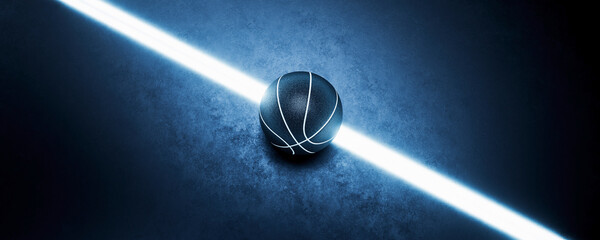 Wall Mural - High angle view of basketball ball laying bright white glowing line. Graphical element with abstract theme.