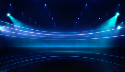 abstract neon blue lines on black background illuminated reflections on ground scene. science sci-fi