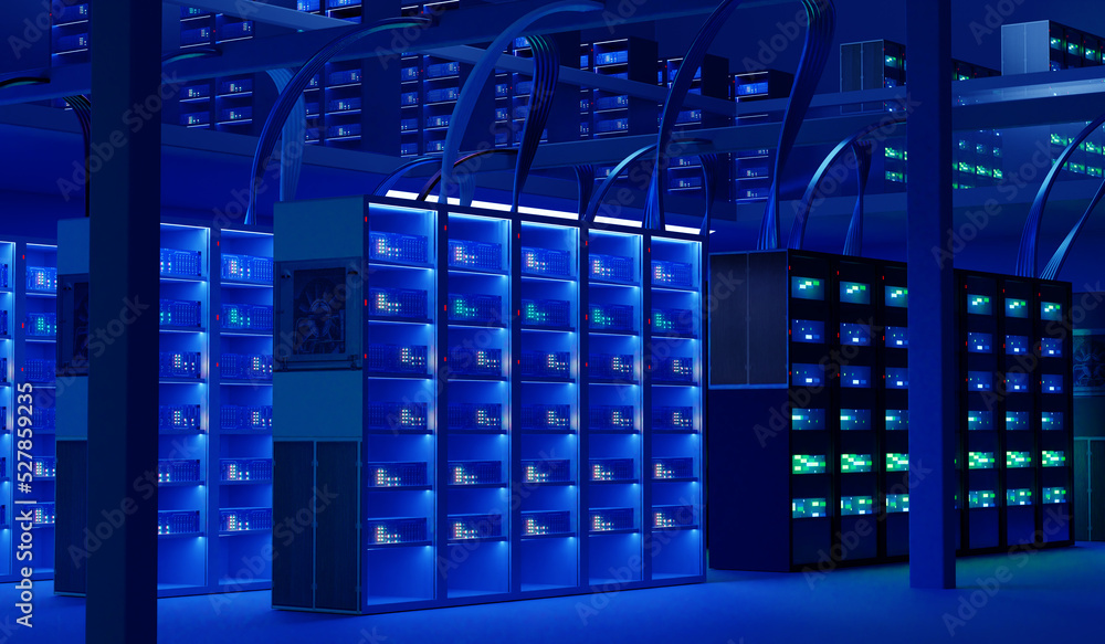 Server background. Server racks in neon light. Wallpaper with digital equipment. Server hardware. Big data processing. IT infrastructure. Telecommunication equipment. Data processing center. 3d image