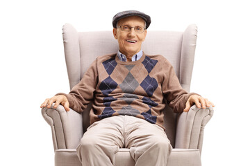 Poster - Pensioner sitting in an armchair and smiling at the camera