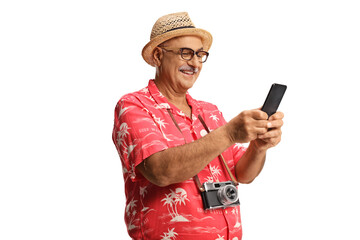 Wall Mural - Happy male tourist holding a smartphone and smiling