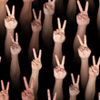 Seamless pattern of human hands with V sign gesture. Based on 3d rendering on black