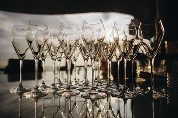 Wall Mural - Empty Champagne glasses on serving tray.