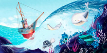 Underwater World With Marine Animals In Which The Ship Sails Children's Photo Wallpaper