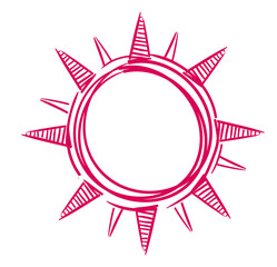 Sticker - Sun icon. Red summer symbol in scribble sketch style