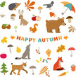 Colorful autumn elements such as leaves, mushrooms, animals, apple, umbrella. Cute vector illustration with cartoon fall symbols.