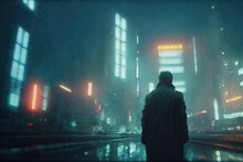 Futuristic, Neo Noir, Cyberpunk Man Walking In A Rainy City. Neon Lights, Dark, Sombre Cyber-punk Video Game Concept. 3D Render At Night, Character Walking In Cyberspace. Futuristic Scifi Digital Art.