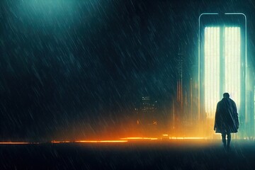 Wall Mural - futuristic cyberpunk city. raining cyber-punk digital artwork. silhouette of a man walking in the di