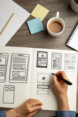UI designer sketches the user interface of a web application for a mobile phone. A developer creates a prototype for a smartphone.
