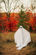 A child dressed as a ghost wearing sunglasses plays in front of brightly colored autumn foliage