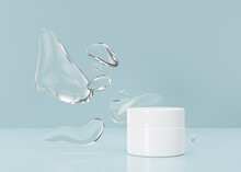White, Blank, Unbranded Cosmetic Cream Jar With Abstract Water Forms On Blue Background. Skin Care Product Presentation. Elegant Mockup. Skincare, Beauty And Spa. Jar With Copy Space. 3D Rendering.