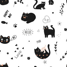 Seamless Pattern With Funny Cats, Cute Doodle Seamless Background For Kids And Baby Textile Design.