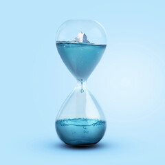 Wall Mural - time and melting glaciers, concept. iceberg melting in a glass clock. pollution and global warming, 