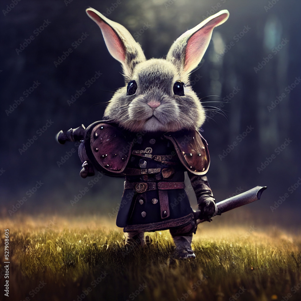 cute funny rabbit in knight armor with sword medieval knight