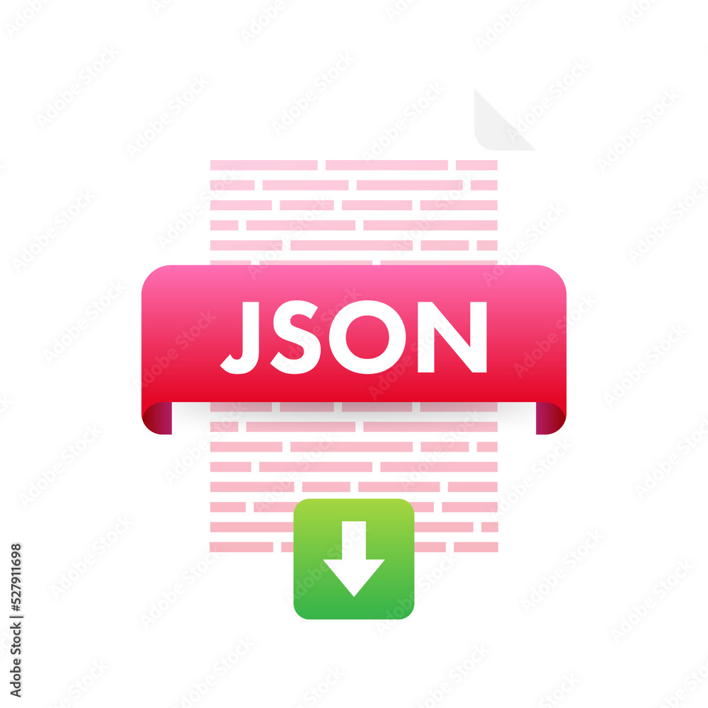 Download JSON button. Downloading document concept. File with JSON label and down arrow sign. Vector illustration.