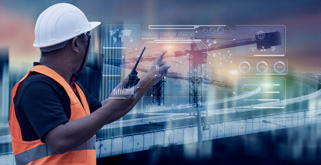 Wall Mural - Future building construction engineering and technology project concept. double exposure graphic with engineer using digital tablet and smart industry and IOT software to control operation.