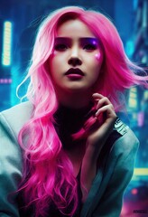 Fantasy pink fictional beauty, fashionable woman with pink hair and beauti eyes. Creative beautiful green girl. 3D render