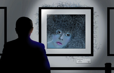 A man looks at art in an art gallery of a girl with curly hair that extendeds beyound the fame in a 3-d illustration about curly hair.