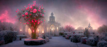 Tall Crystal Magic Of The Rose Church Garden Frozen Digital Art Illustration Painting Hyper Realistic