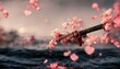 Samurai with a katana on the background of a raging sea, falling sakura petals or roses. Sword close-up. 3d render