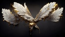 The Angel's White Wings Are Decorated In Gold On A Black Background. The Wings Are Illuminated And Cast A Shadow. The Plumage Grows In Two Directions. 3D Artwork