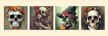 Day Of The Dead Skulls And Flowers, Vintage Vector Illustration Set Of Four Square Posters. Vintage Floral Skull For Autumn Halloween Holiday.