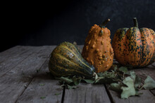 Assorted Rustic Pumpkins On Dark Wooden Table