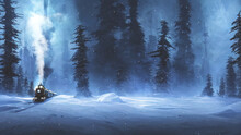 Fantasy Winter Forest With A Train. They Ate In The Snow, A Fabulous Train Rides On Rails, Smoke, Spotlights, A Magical Winter Forest At Night. 3D Illustration.