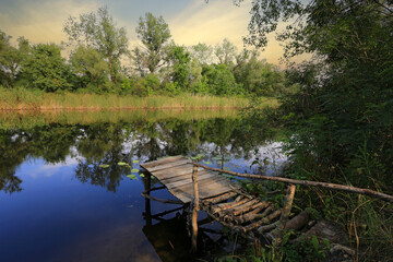 Wall Mural - fishing bridge on river