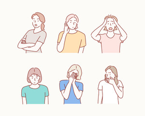 Woman with different facial expressions set. They are nervous, anxious, and angry. Hand drawn style vector design.