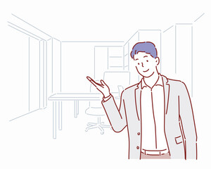 The business man is introducing the office. Hand drawn style vector design illustrations. 