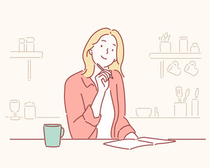 Wall Mural - smiling young woman studying at the table on a kitchen at home hand drawn style vector design illust