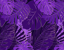Seamless Purple Pattern Monstera And Palm Leaves.
