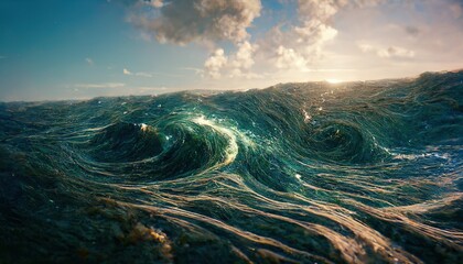 Wall Mural - Spectacular abstract scene of an ocean tidal wave with a horizontal and clear sky in the background. Digital art 3D illustration.