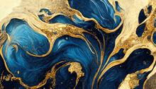 Spectacular High-quality Abstract Background Of A Whirlpool Of Dark Blue And Gold. Digital Art 3D Illustration. Mable With Liquid Texture Like Turbulent Waves.