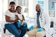 © Nina Lawrenson/peopleimages.com - Black people consulting pediatrician family doctor for patient healthcare service, medical help and wellness checkup in clinic surgery. Portrait smile, happy and trust african gp with healthy advice