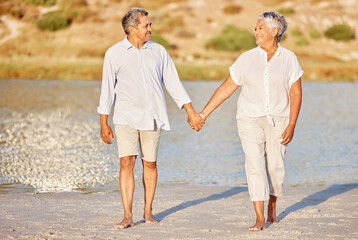 Poster - Love, walking and senior couple on a beach lake together for calm, relax and romantic ocean, water or sea date. Elderly happy people, man and woman smile while living pension and retirement lifestyle