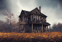 Haunted House, Old Worn-down Abandoned Home, Creepy And Spooky