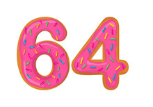 Number 64, Sweet Donut With Number Sixty Four Shape.