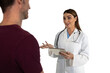 © wavebreak3 - Smiling Caucasian female doctor wearing lab coat and stethoscope using digital tablet with male pati
