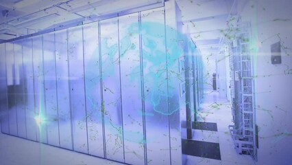 Wall Mural - Animation of data processing over globe and computer servers