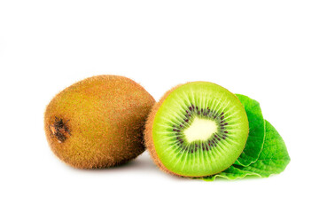 Wall Mural - Ripe whole kiwi fruit and half kiwi fruit and green leaves isolated on white background