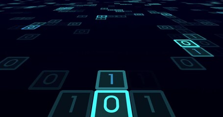 Wall Mural - Blue digital squares that have letter of zero and one are moving randomly. Seamless Loop.