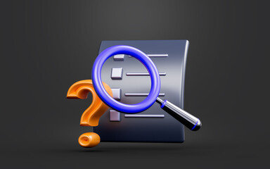 Wall Mural - document question mark with magnify glass sign dark background 3d render concept for search inquiry